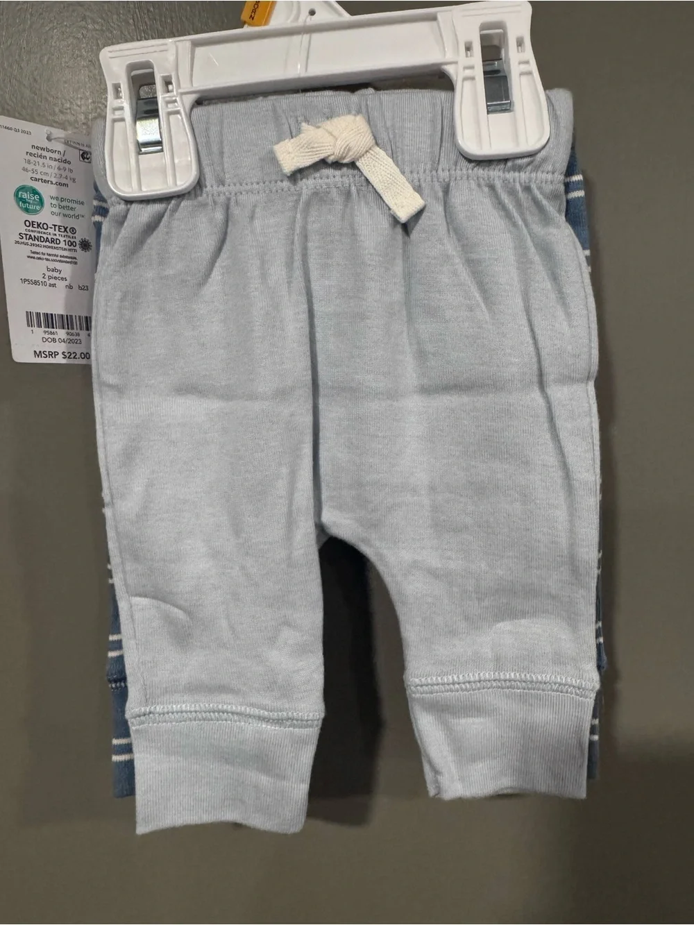 2 pack Carter's Blue and White Striped/Grey Baby Leggings